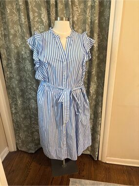 Blue and White Striped Tie-Waist Ruffle Sleeve Dress